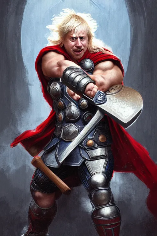 Image similar to Boris Johnson as Thor with Hammer, Thor armor, Thor hammer, masculine bodybuilder figure, highly detailed, digital painting, artstation, concept art, smooth, sharp focus, illustration, cinematic lighting, art by artgerm and greg rutkowski and alphonse mucha