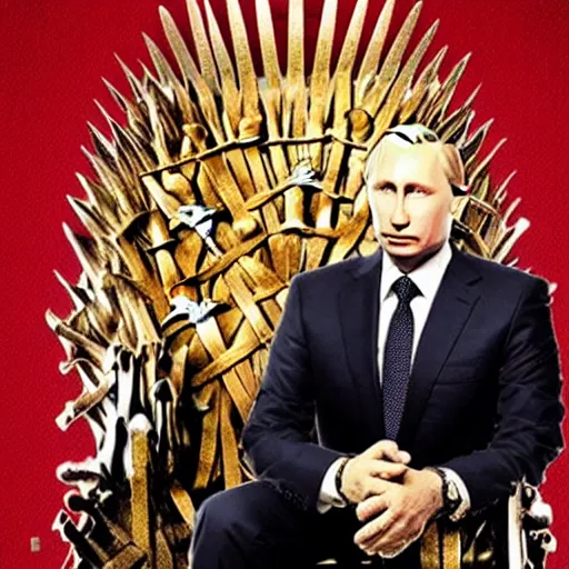 Image similar to “Putin sitting on the iron throne award winning, 4k realistic Photograph, face highly detailed”