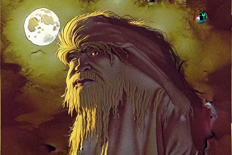 Prompt: a hyperrealist watercolour character concept art portrait of a highly detailed blessed yeti on a well lit night lost in nevada desert. a ghost flies over head. full moon. by rebecca guay, michael kaluta, charles vess and jean moebius giraud