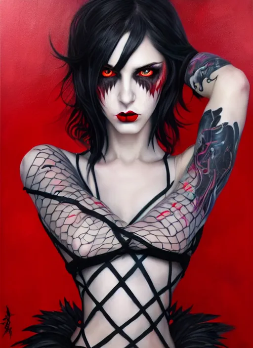 Image similar to cosplay goth female, fishnet, worksafe, light gray eyes, red lips, black hair, body fully covered with tattoos, fishnet clothes, beautiful detailed face, paint by artgerm and magali villeneuve, rich deep colors. wlop painting, part by tian zi and gerhard richter. art by magali villeneuve. masterpiece