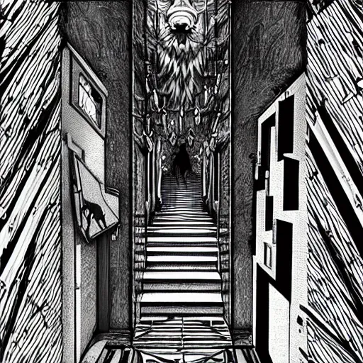 Image similar to a huge howling angry wolf in a huge bright maze of many doorways and lots of stairs, many doorways, inside MC Escher architecture, artstation, Junji Ito, epic composition, detailed background