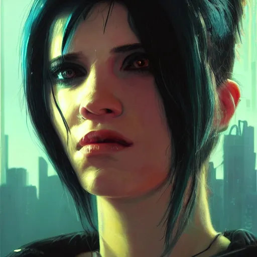 Image similar to molly millions, closeup portrait of a young beautiful cyberpunk woman, mirror eye implants, black hair in a rough shag, sunset, neuromancer, street samurai, cyberpunk city background, megacity, gorgeous view, depth, painted by seb mckinnon, high detail, digital art, painted by greg rutkowski, trending on artstation