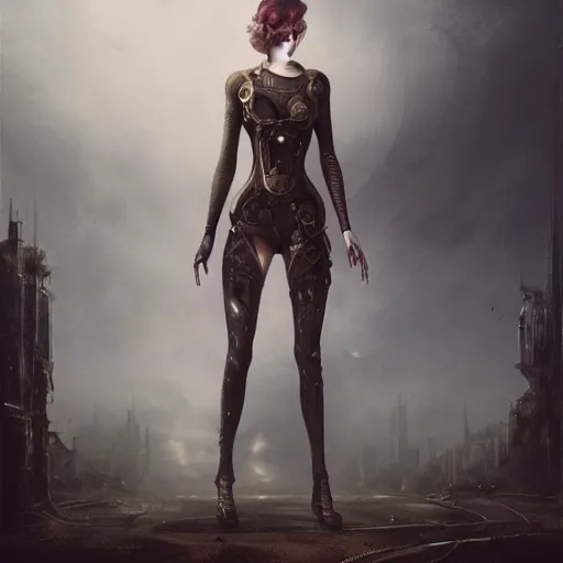 Image similar to By Tom Bagshaw, Abstract tech, a very beautiful steampunk female in bodysuit, ruins by night, symmetric body features proportions, horror, volumetric clouds and fog, focus, detailed, realistic eyes looking at camera, symmetric body features proportions, golden ratio, intricate details, award winning, unreal render