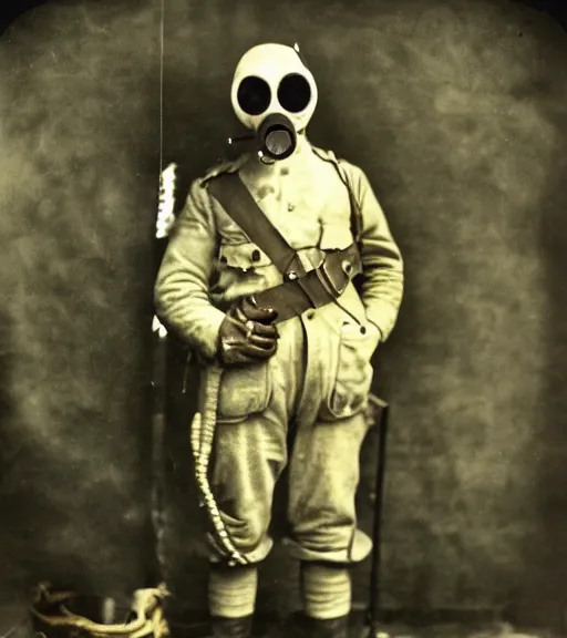 Prompt: person wearing scary gas mask, ww1 technicolor film photo, grainy, high detail, high resolution