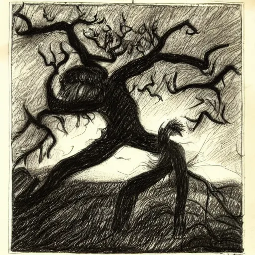 Image similar to The drawing shows a man caught in a storm, buffeted by wind and rain. He clings to a tree for support, but the tree is bent nearly double by the force of the storm. The man's clothing is soaked through and his hair is plastered to his head. His face is contorted with fear and effort. dramatic lighting by Gertrude Abercrombie earthy