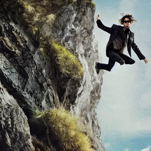 Image similar to johnny depp falling down a cliff with the camera pointing downwards at his face as you can see him scream while falling down the cliff, realistic, movie scene, dramatic, hdr, clear image,