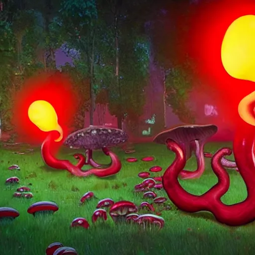 Image similar to a red and black monster with a really long tongue, glowing mushrooms