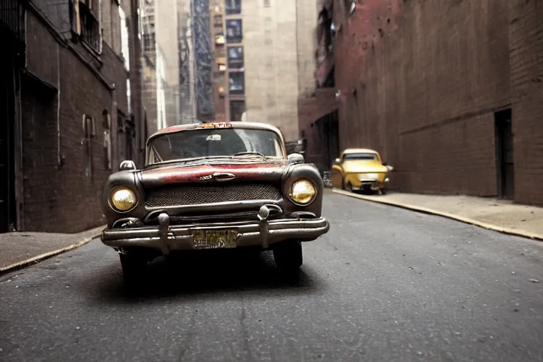 Prompt: car photography by saul leiter, in a narrow new york alley, award winning photo of an ultra detailed intricate dirty vintage ford car speeding very fast on mud, fast shutter speed, motion blur, tiny gaussian blur, highly detailed, highly intricate, depth of field, trending on top gear