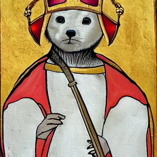 Prompt: oil painting of a baby harp seal dressed as a medieval king in golden medieval armor and wearing a golden crown, holding a royal scepter, in the style of a Byzantine painting