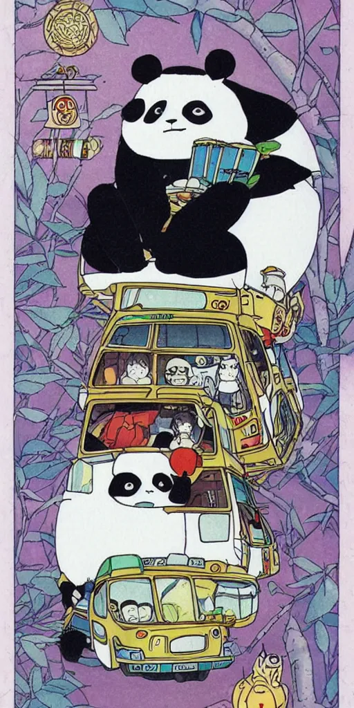 Prompt: a panda bus like totoro, 1990s anime, full color, tarot card the chariot, highly detailed,