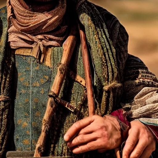 Image similar to Close up of a Kurdish shepherd wearing Kurdish clothes in a movie directed by Christopher Nolan, movie still frame, promotional image, imax 70 mm footage