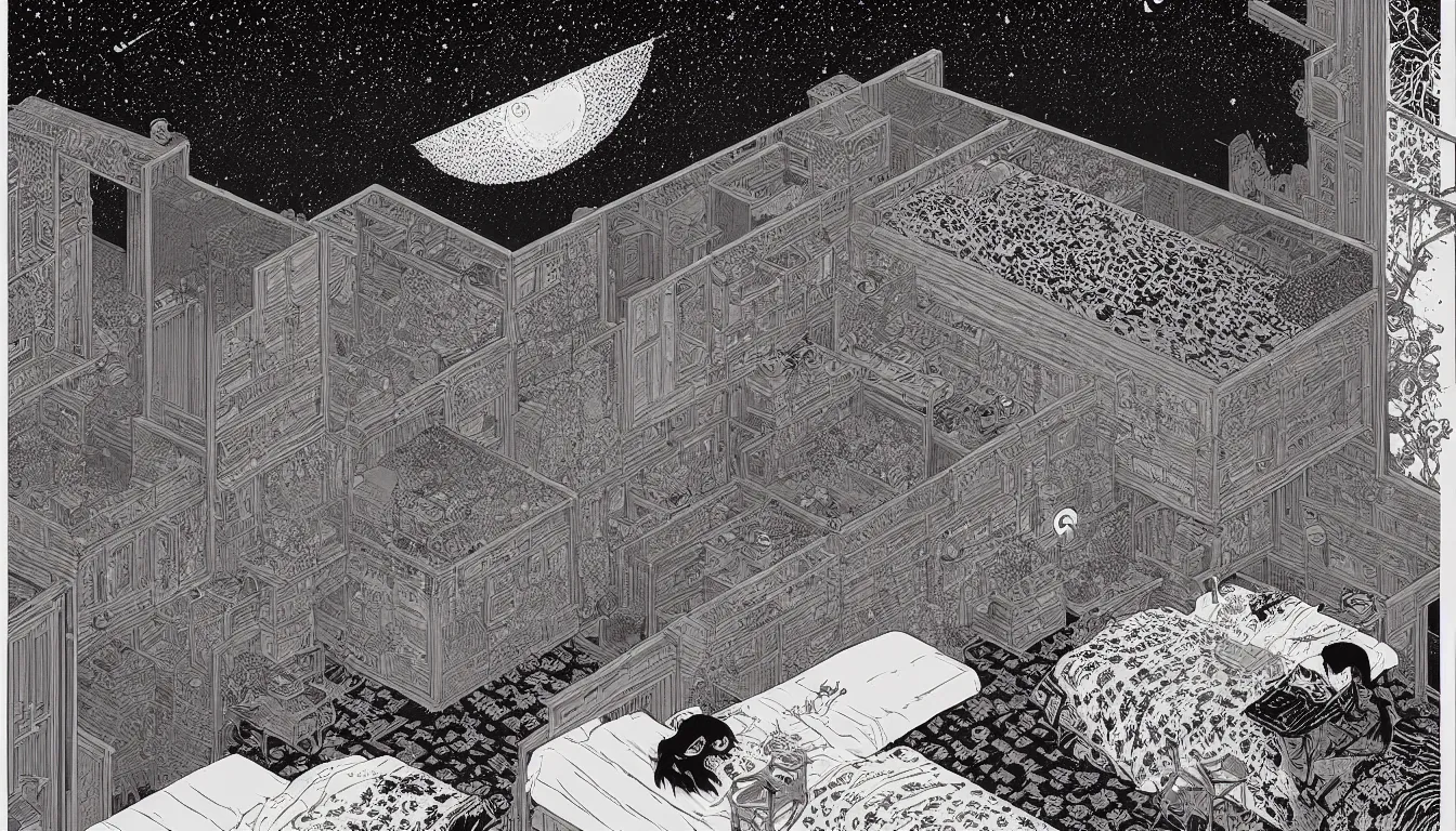 Image similar to bedroom by woodblock print, nicolas delort, moebius, victo ngai, josan gonzalez, kilian eng