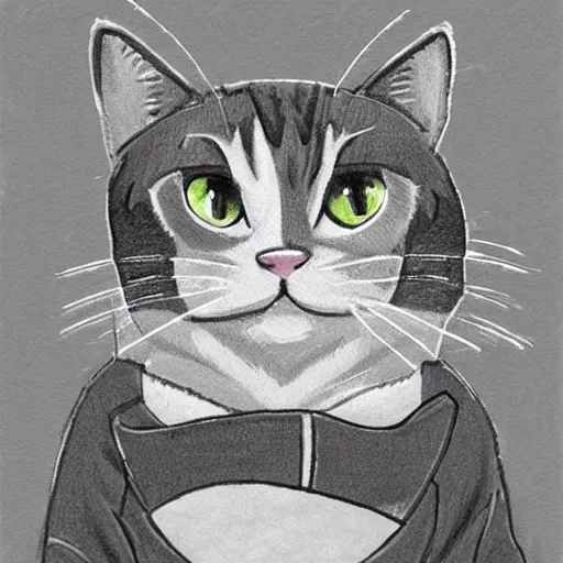 Image similar to Sketch of a gray and white cat wearing a letterman jacket, insanely detailed