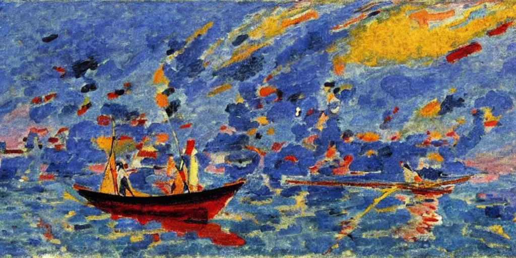 Image similar to rising sun ( ( ( fishing cormorant, fishing boat ) ) ) on the naples bay, by kandinsky