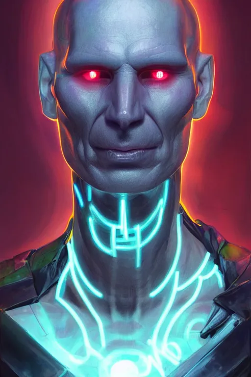 Image similar to portrait of cyborg Lord Voldemort in cyberpunk, neon lighting, digital art from artstation by Ruan Jia and Mandy Jurgens and Artgerm and william-adolphe bouguereau and Greg Rutkowski and Wayne Barlowe