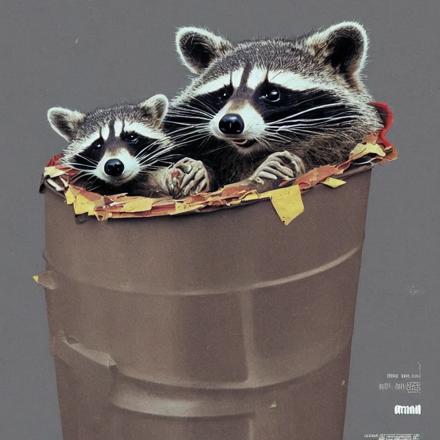 Prompt: album art, a raccoon stuck in a trash can, omni magazine