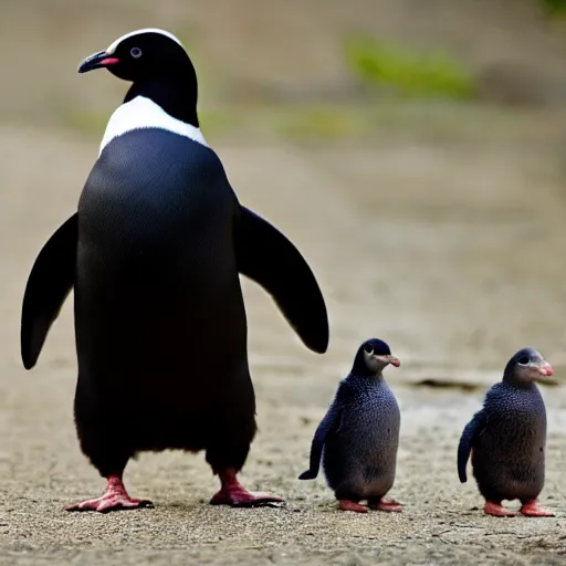 Image similar to a chicken, a penguin, a pigeon and a chicklet side by side