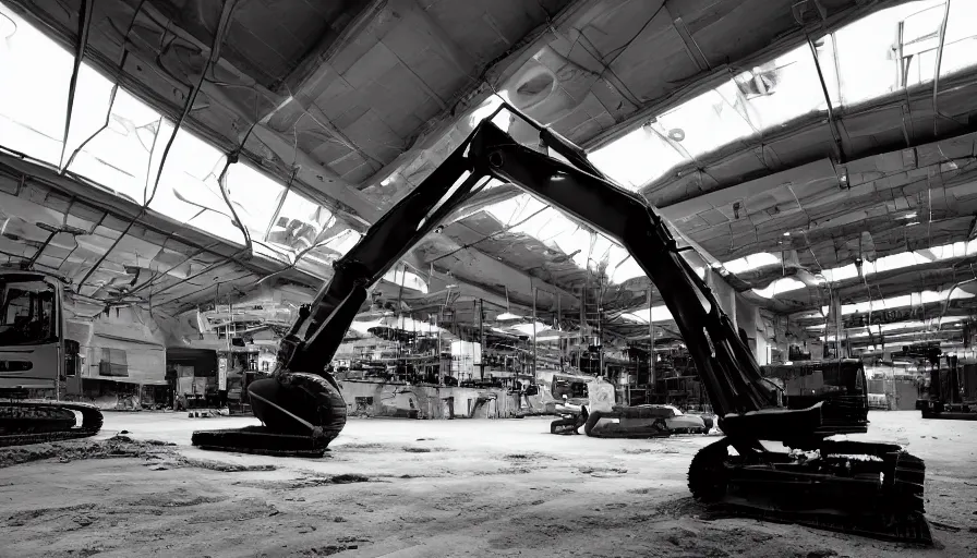 Prompt: extremely beautiful softly lit interior photo of futuristic construction equipment, excavator, backhoe, black, polished metal, gleaming, black and white corporate decals, polished concrete floor, sharp focus, clear focus, beautiful, award winning photo, extremely beautiful lighting, cinematic, modern, render, architectural, architecture, realistic, clear