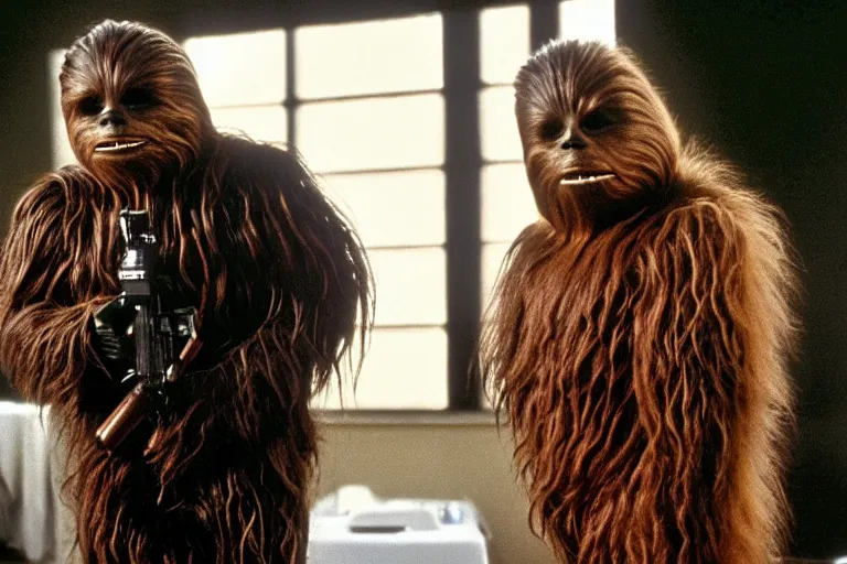 Prompt: A high quality movie still from the film Four Weddings and a Funeral, starring Chewbacca