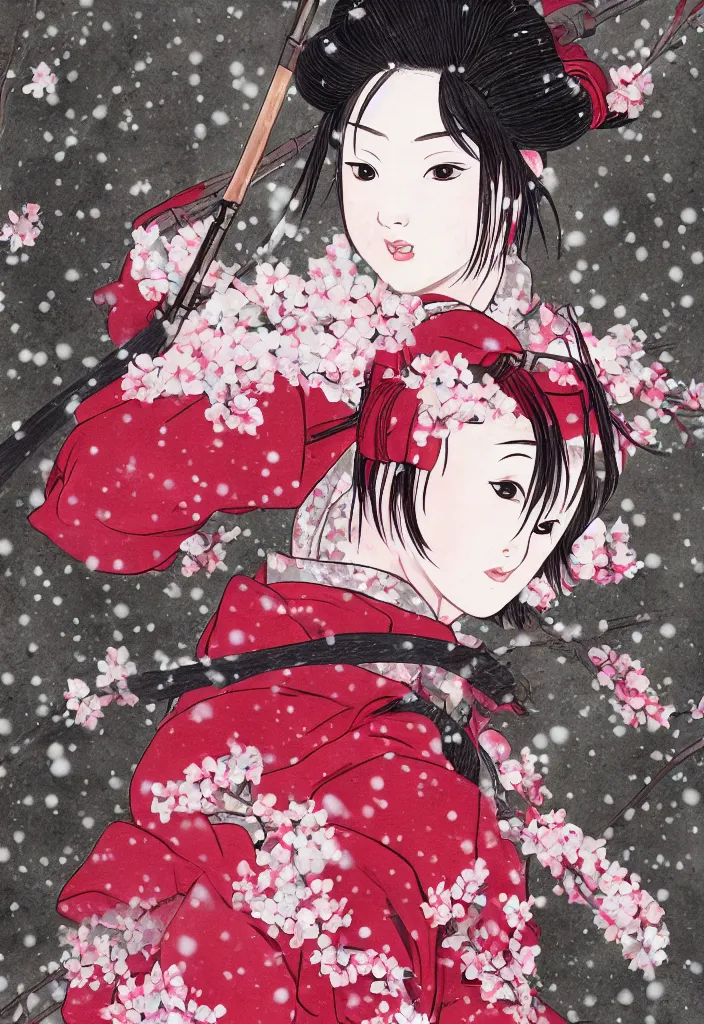 Image similar to detailed portrait of girl samurai in hakama with swords and rifles, in snow forest sakura cherry blossom, taisho roman, trending on artstation, elite, elegant, luxury, perfect face, fine details, realistic shaded, fine - face, pretty face