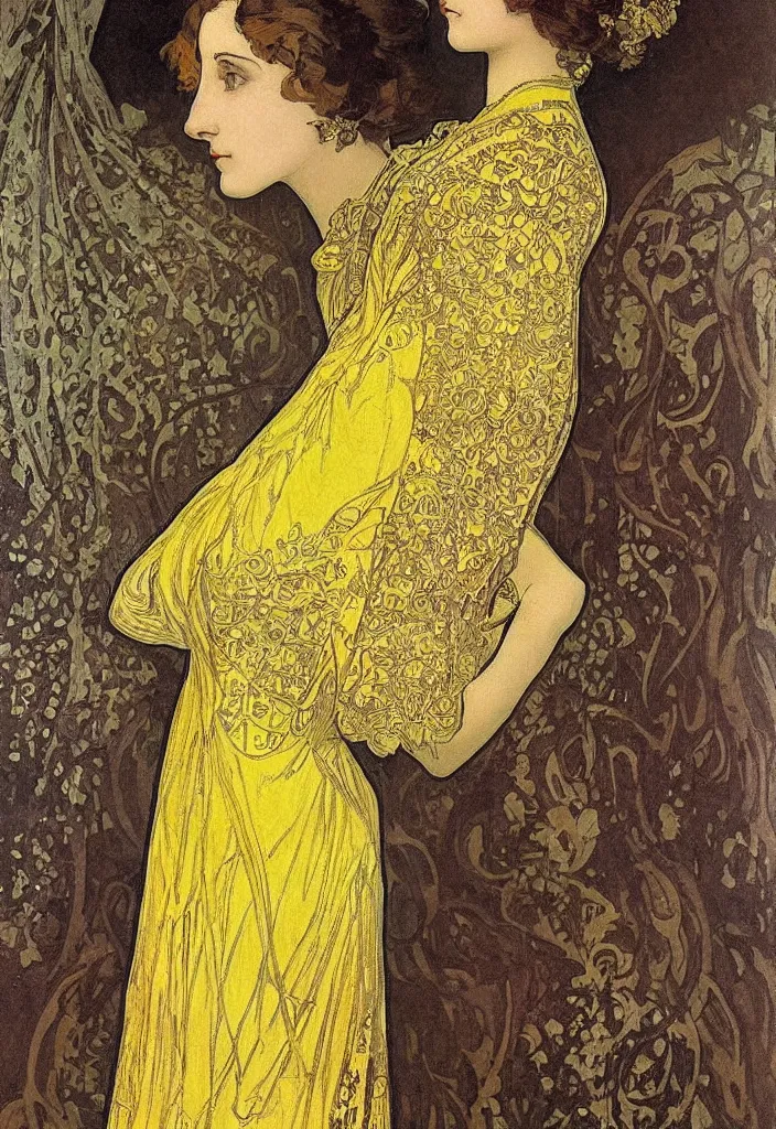 Prompt: a young woman looks deeply into the viewer, 1920's london street, art nouveau, extravagant fashion, intricate yellow dress with gold trims, lacey, dark streets, grungy, style of and by alphonse mucha, color painterly