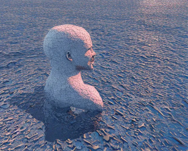 Image similar to a giant human head award winning sculpture on the surface of the ocean, abstract sculpture, in the style of chad knight, hyper detailed, hyper realistic, ray tracing, 8 k resolution, sharp focus