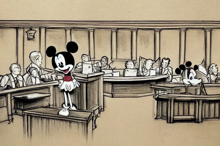 Image similar to detailed background courtroom sketch of vintage disney character mickey mouse presenting evidence of copyright infringement to the judge bench court room wooden serious dark tone