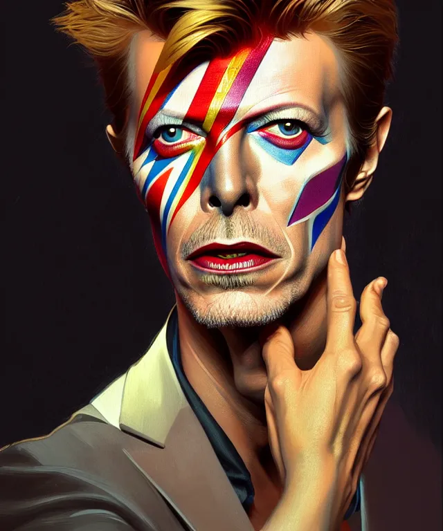 Image similar to portrait of david bowie performing on stage, posed, intricate, headshot, highly detailed, digital painting, artstation, concept art, sharp focus, cinematic lighting, illustration, art by artgerm and greg rutkowski, alphonse mucha, cgsociety