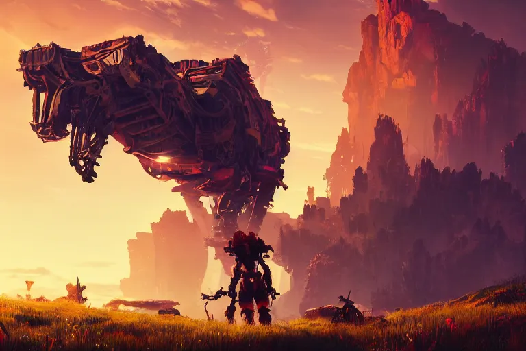 Image similar to behemoth machine mecanical creature robot of horizon forbidden west horizon zero dawn radiating a glowing aura global illumination ray tracing hdr fanart arstation by ian pesty and alena aenami artworks in 4 k