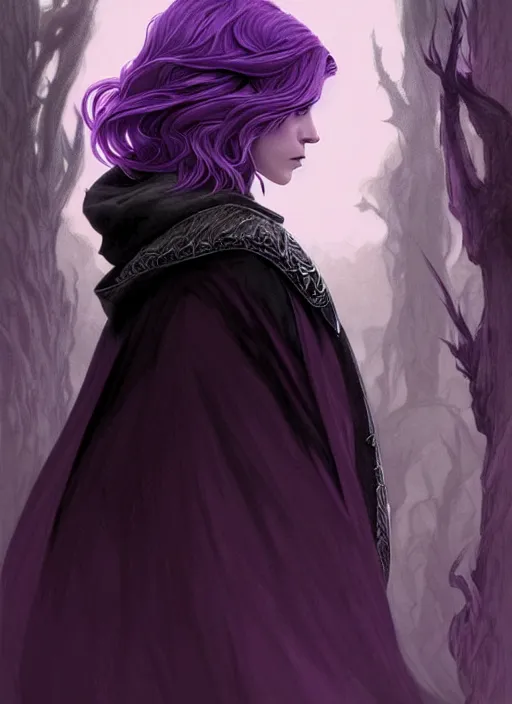 Image similar to side portrait Ryan Gosling as dark witch, adventurer outfit large cloak, fantasy forest landscape, dragon scales, fantasy magic, undercut hairstyle, short purple black fade hair, dark light night, intricate, elegant, sharp focus, illustration, highly detailed, digital painting, concept art, matte, art by WLOP and Artgerm and Greg Rutkowski and Alphonse Mucha, masterpiece