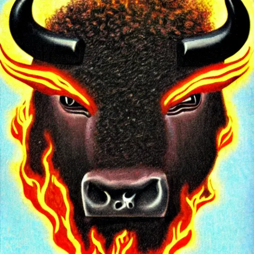 Image similar to A large black bison with fiery eyes, Bison God, Ancient