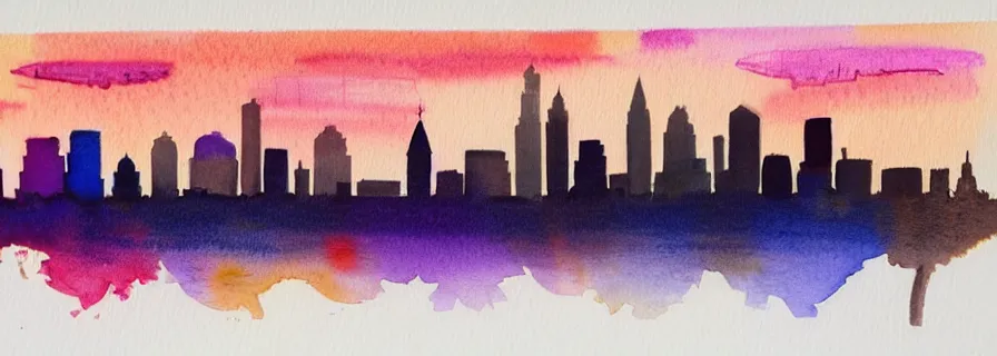 Prompt: watercolour line drawing of a city skyline at sunset