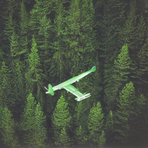 Prompt: heavily green tinted vintage polaroid photograph of a plane flying above a forest, ground level view