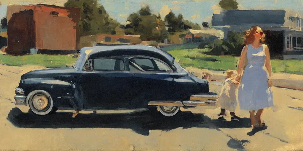 Prompt: wife in car, us suburbs ben aronson 1950
