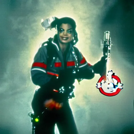 Image similar to stunning awe inspiring michael jackson with a highly detailed face as a ghostbuster in the movie ghostbusters, movie still 8 k hdr atmospheric lighting