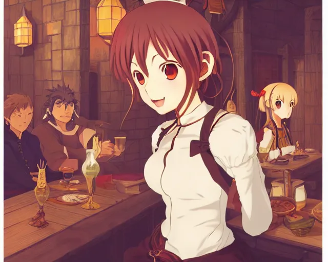 Image similar to anime visual, portrait of a young female traveler in a busy fantasy medieval tavern interior, cute face by yoh yoshinari, katsura masakazu, studio lighting, dynamic pose, dynamic perspective, strong silhouette, anime cels, ilya kuvshinov, cel shaded, crisp and sharp, rounded eyes