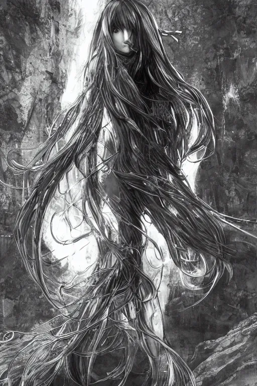 Image similar to a vertical portrait of a character in a scenic environment by Yoshitaka Amano, black and white, dreamy, cybernetic suit, wavy long black hair, highly detailed