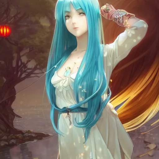 Prompt: adult girl with long aqua glass hair, aqua glass eyes, a small pigtail on the left side, chinese dress, anime style, hyper detailed, illustration, digital painting, art by artgerm and greg rutkowski and alphonse mucha, high delicate defined details, anime stylized, highly detailed, realistic, sharp focus