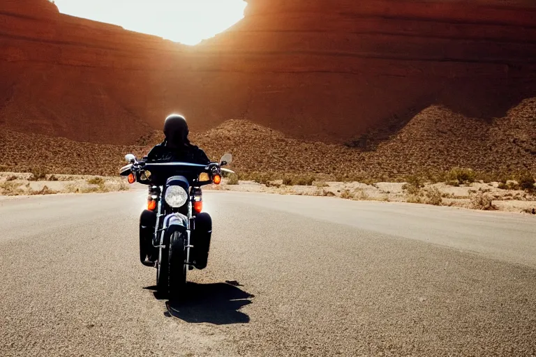 Image similar to riding a harley davidson on a desert road, cinematic