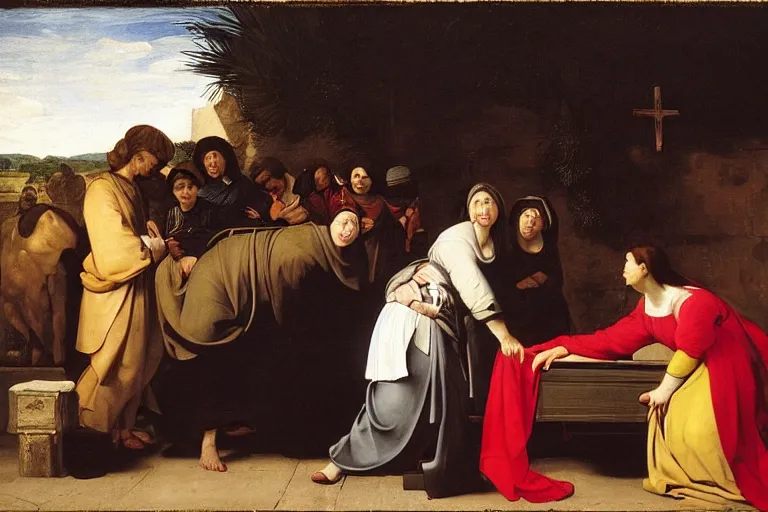 Prompt: 3 women at the tomb of jesus, caravaggio, rubens, pieter de hooch, ary scheffer