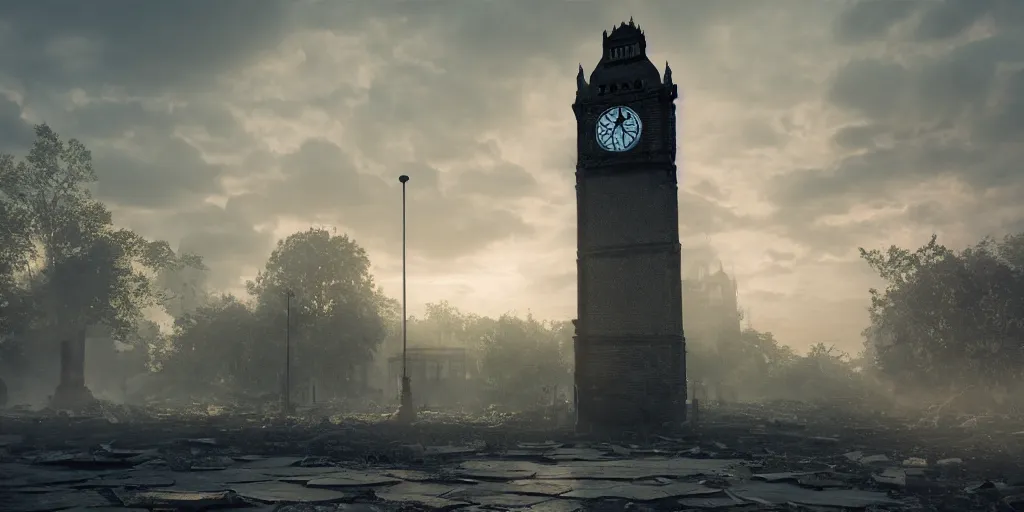 Prompt: a destroyed clock tower in a destroyed London at sunrise, ruins, clouds in the sky, concept art, octane render, unreal engine 5, trending on Artstation, high quality, 8K, soft lighting, highly detailed, trending on DeviantArt, mossy, apocaliptic, serene landscape, beautiful, cgsociety, godrays, path traced