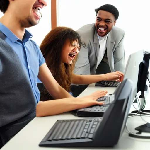 Image similar to young office workers playing around computers and laughing comic