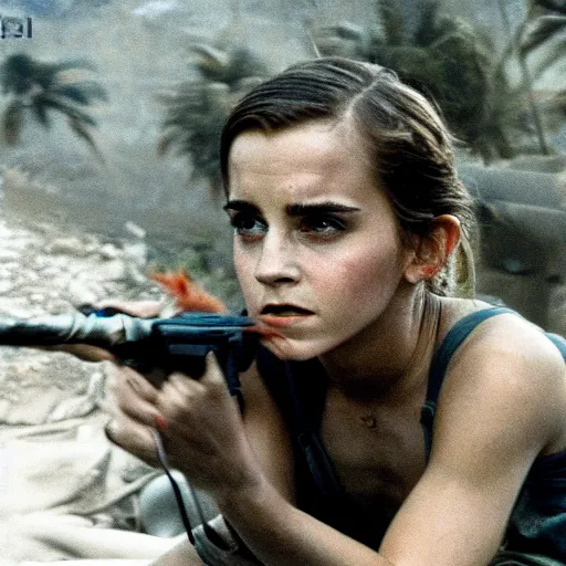 Image similar to film still, extreme far view, emma watson vietnam door gunner, film still from apocalypse now ( 1 9 7 9 ), 2 6 mm, kodak ektachrome, blue tint expired film,