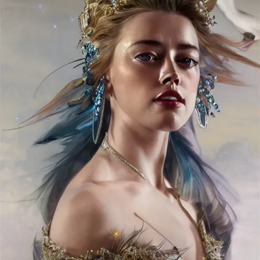 Prompt: hyperrealistic portrait of a woman as amber heard as greek goddess of the night sky wearing white swan dress wearing sapphire jewellery feather collar by jeremy mann and alphonse mucha, fantasy art, photo realistic, dynamic lighting, artstation, poster, volumetric lighting, very detailed faces, 4 k, award winning