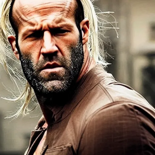 Image similar to an film still of jason statham with long white hair and long beard, cinematic, dramatic action