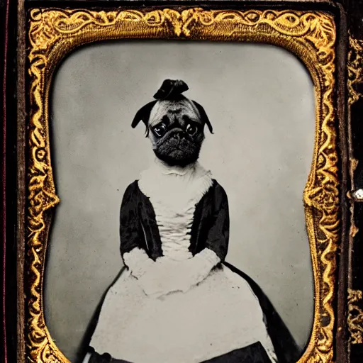 Image similar to daguerreotype portrait of a pug wearing a victorian dress