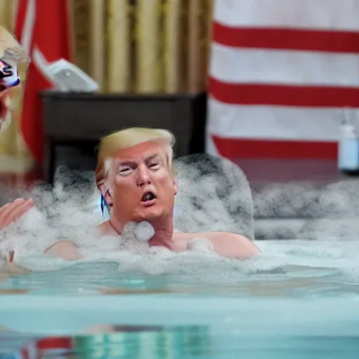Prompt: donald trump and vladimir putin taking a bubble bath together