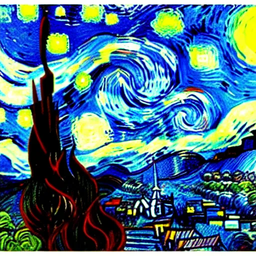 Image similar to knight's battle, style vincent van gogh's starry night