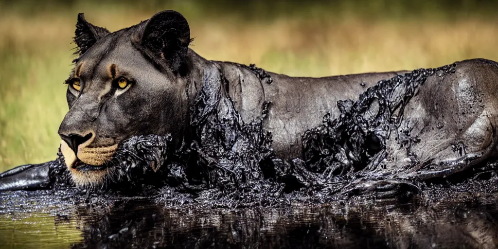 Prompt: a black lioness, made of ferrofluid, bathing inside the lake of tar, full of goo, covered with ferrofluid. dslr, photography, realism, animal photography, color, savanna, wildlife photography