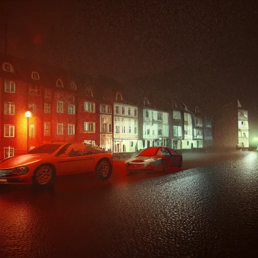 Prompt: dark rainy night, lights, swedish red houses, cars driving, rain on screen, realistic, cinematic, raytracing, intense detail, artstation